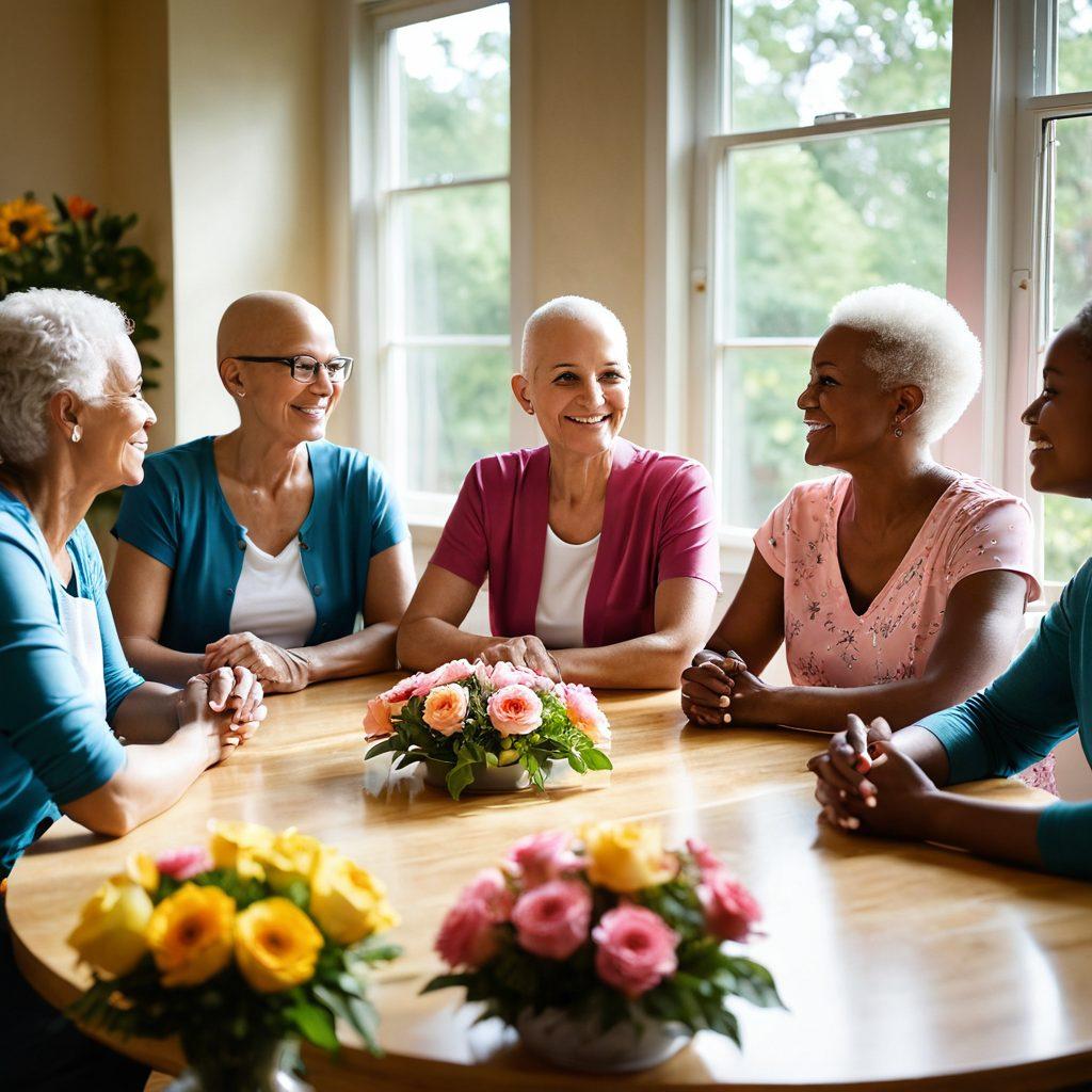 A powerful and uplifting scene showcasing a diverse group of cancer survivors sharing their stories in a warm and inviting support group setting. Include elements of hope, such as sunshine streaming through a window, colorful flowers on a table, and personal mementos displayed. Capture expressions of strength, resilience, and community. The background should feature inspirational quotes subtly incorporated into the design. soft lighting. vibrant colors. super-realistic.