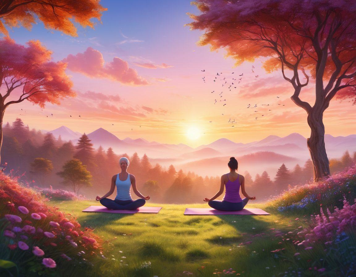 A serene landscape depicting a diverse group of people engaging in healthy activities, such as yoga and meditation, surrounded by nature. Incorporate elements like a sunrise symbolizing hope, ribbon symbols for cancer awareness flowing gently in the breeze, and subtle motifs of medical symbols, blending wellness and care. Create a warm, inviting atmosphere with vibrant colors to evoke positivity and emotional support. super-realistic. vibrant colors. soft focus.
