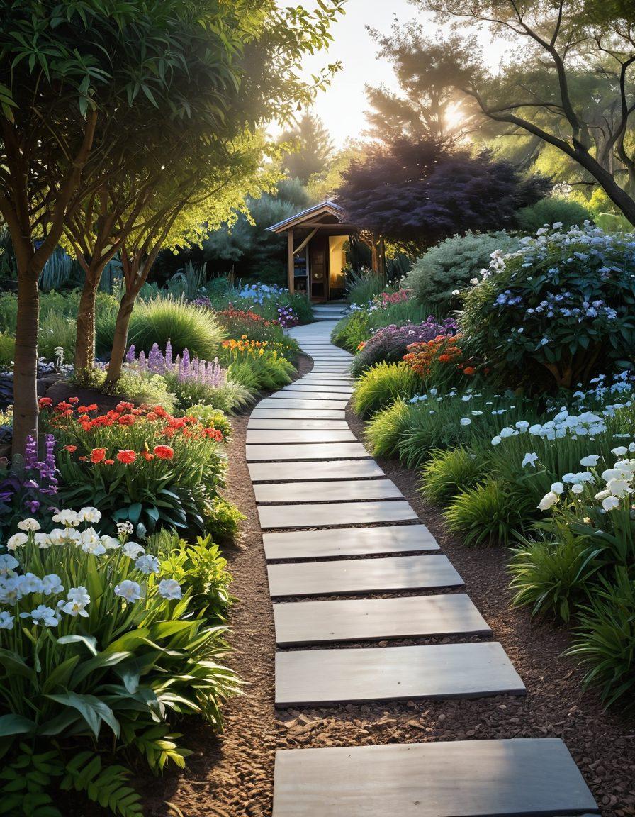 A serene pathway winding through a tranquil garden with diverse blooming flowers symbolizing hope and healing. Silhouetted figures of cancer patients and caregivers are seen in the distance, engaging in gentle activities like meditation and yoga. Soft, warm lighting to evoke a sense of calm and support, with subtle elements representing essential resources like books and wellness tips scattered along the path. super-realistic. vibrant colors. peaceful atmosphere.